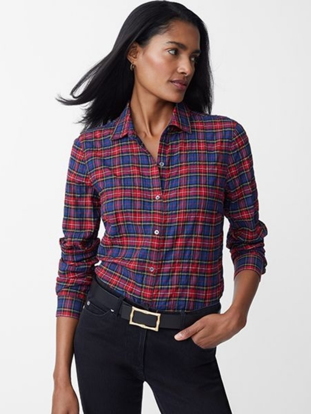 NWT J MCLAUGHLIN Womens Blue Red Plaid Tartan Long Sleeve Button Up Shirt SZ‎ XS